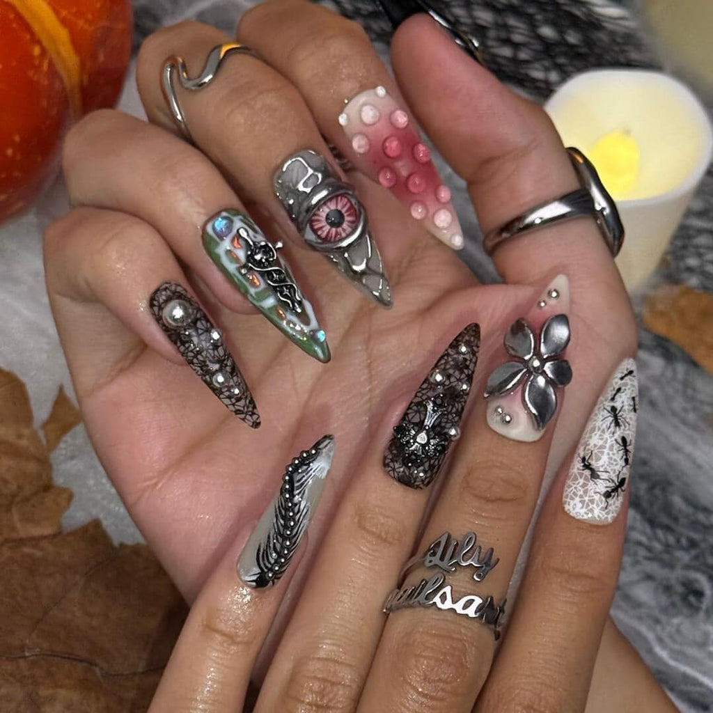 Halloween Gothic Press On Nails With Eyeball, Ants & Spider Web | Long Almond Fake Nails | Spooky Handmade 3D Nail Art for Costumes, Parties