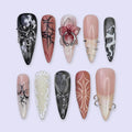 Halloween Gothic Press On Nails With Angel And Orchid | Long Almond Fake Nails With Cross | Spooky Handmade 3D Nail Art for Costumes, Party