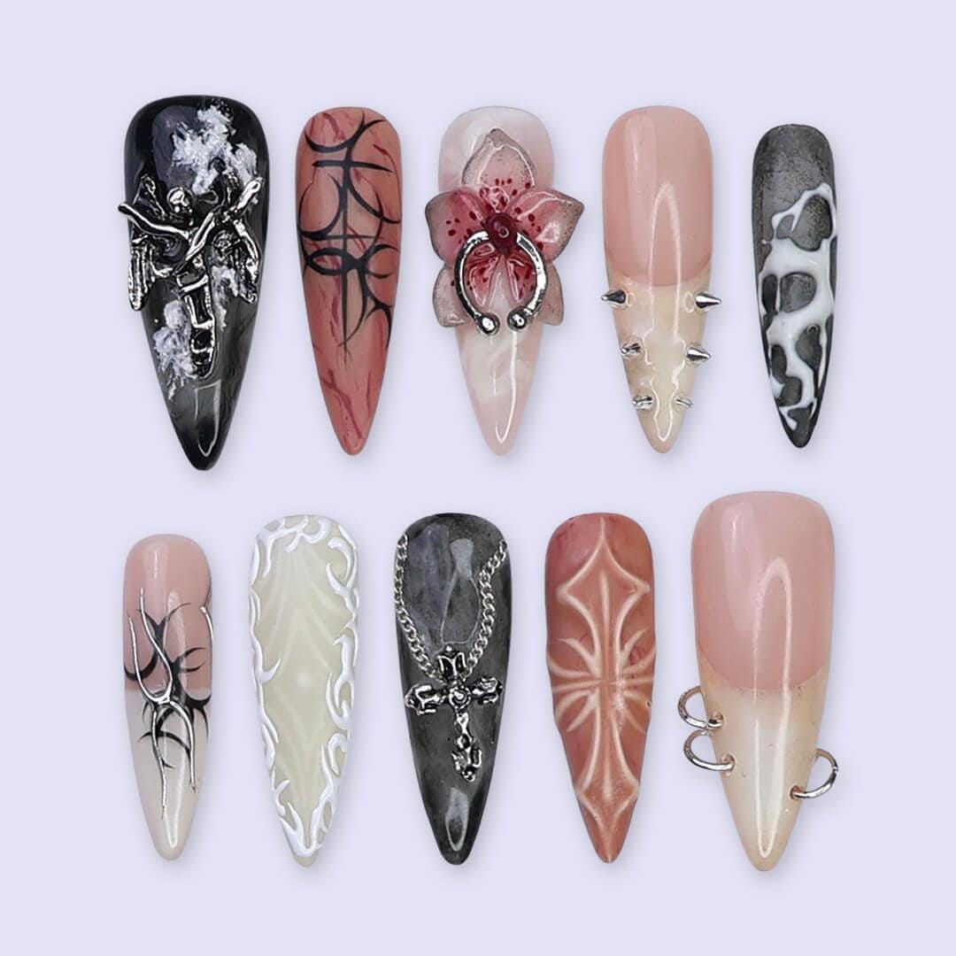 Halloween Gothic Press On Nails With Angel And Orchid | Long Almond Fake Nails With Cross | Spooky Handmade 3D Nail Art for Costumes, Party