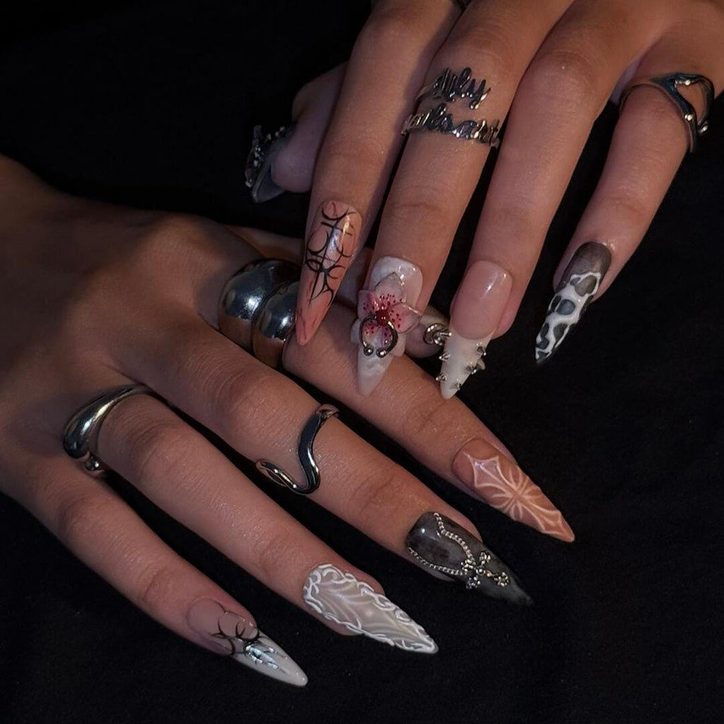 Halloween Gothic Press On Nails With Angel And Orchid | Long Almond Fake Nails With Cross | Spooky Handmade 3D Nail Art for Costumes, Party
