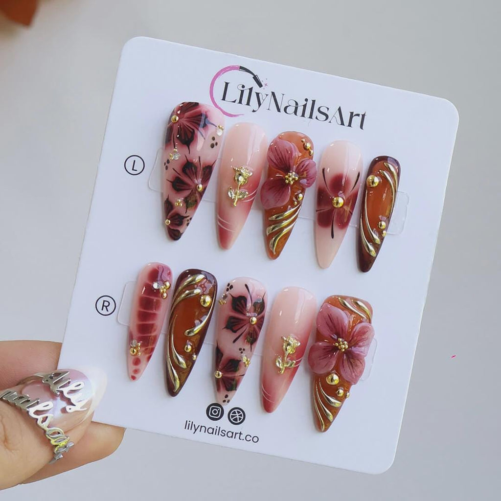 Autumn Press On Nails with 3D Floral Burgundy & Gold Line | Fake Nails in Long Almond | Handmade Nail Art for Fall Looks, Parties Or Gifts