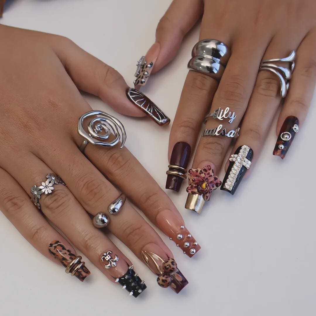 Autumn Press On Nails with Leopard Print, 3D Orchid & Cross Charms | Fake Nails in Long Square | Handmade Nail Art for Fall, Party Or Gift