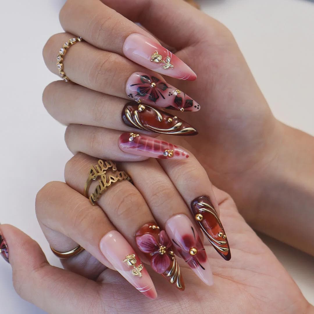 Autumn Press On Nails with 3D Floral Burgundy & Gold Line | Fake Nails in Long Almond | Handmade Nail Art for Fall Looks, Parties Or Gifts
