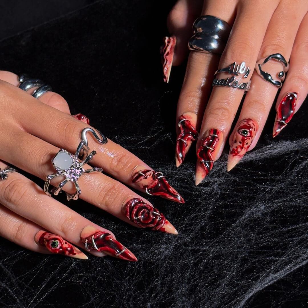 Halloween Horror Press On Nails With 3D Eyes, Stitches | Fake Nails in Long Stiletto | Spooky Handmade Nail Art for Parties, Costumes