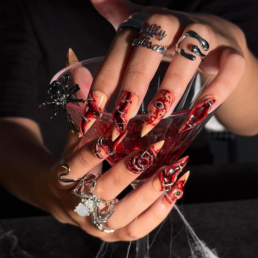 Halloween Horror Press On Nails With 3D Eyes, Stitches | Fake Nails in Long Stiletto | Spooky Handmade Nail Art for Parties, Costumes