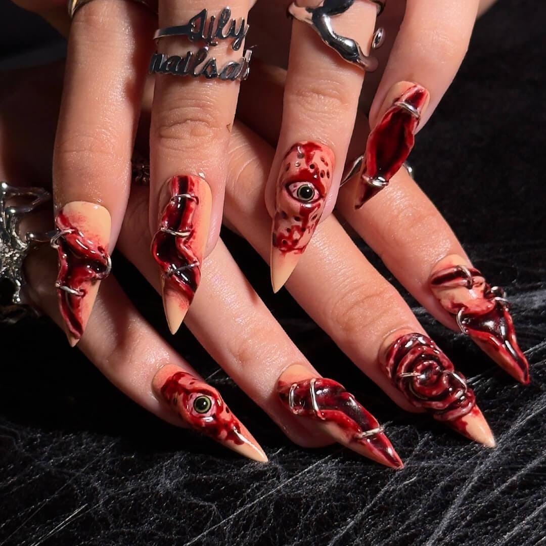 Halloween Horror Press On Nails With 3D Eyes, Stitches | Fake Nails in Long Stiletto | Spooky Handmade Nail Art for Parties, Costumes