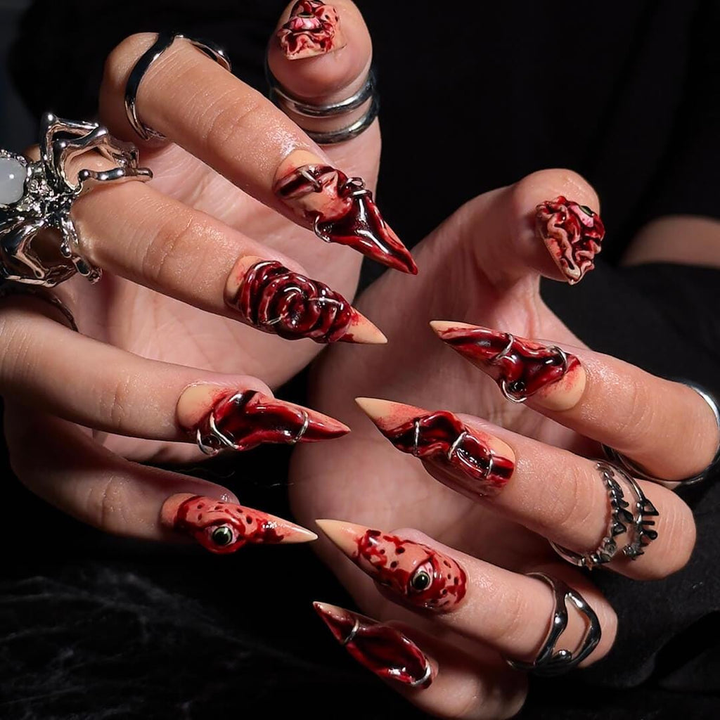 Halloween Horror Press On Nails With 3D Eyes, Stitches | Fake Nails in Long Stiletto | Spooky Handmade Nail Art for Parties, Costumes