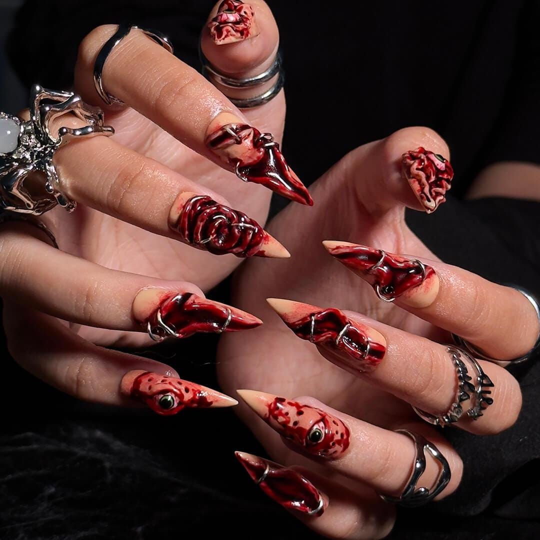 Halloween Horror Press On Nails With 3D Eyes, Stitches | Fake Nails in Long Stiletto | Spooky Handmade Nail Art for Parties, Costumes