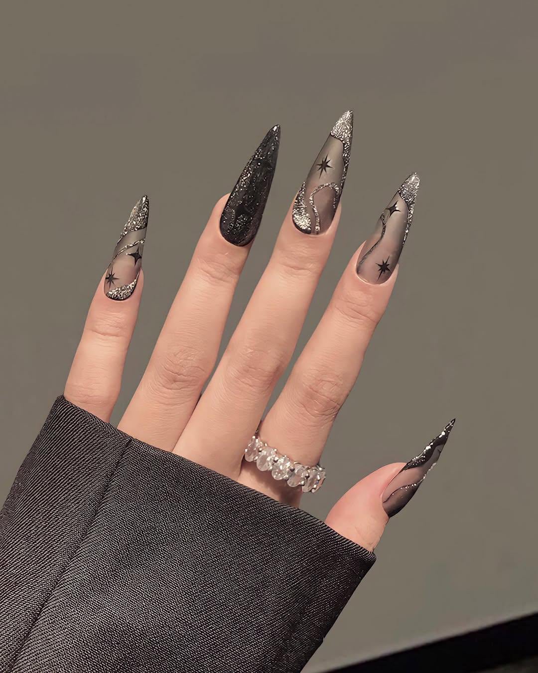 Black Stars Press On Nails, Black Coffin Nails, Custom Fake Nails, Handpainted False Nails, Trendy Glue on Nails, Luxury Nail Art