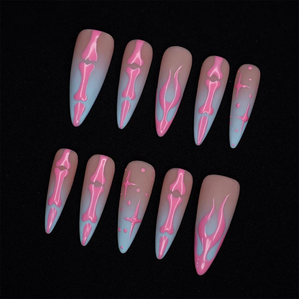 Pink Skeleton Press On Nails With Bones & Stars | Long Almond Fake Nail | Gothic Spooky Handmade Nail Art for Halloween Costumes And Parties