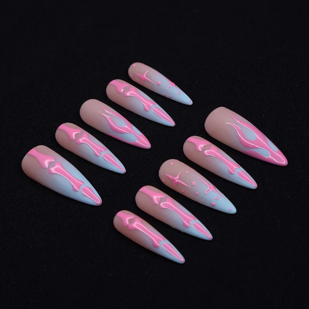 Pink Skeleton Press On Nails With Bones & Stars | Long Almond Fake Nail | Gothic Spooky Handmade Nail Art for Halloween Costumes And Parties