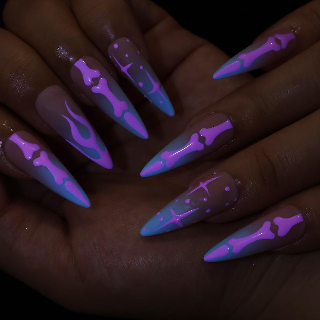 Pink Skeleton Press On Nails With Bones & Stars | Long Almond Fake Nail | Gothic Spooky Handmade Nail Art for Halloween Costumes And Parties
