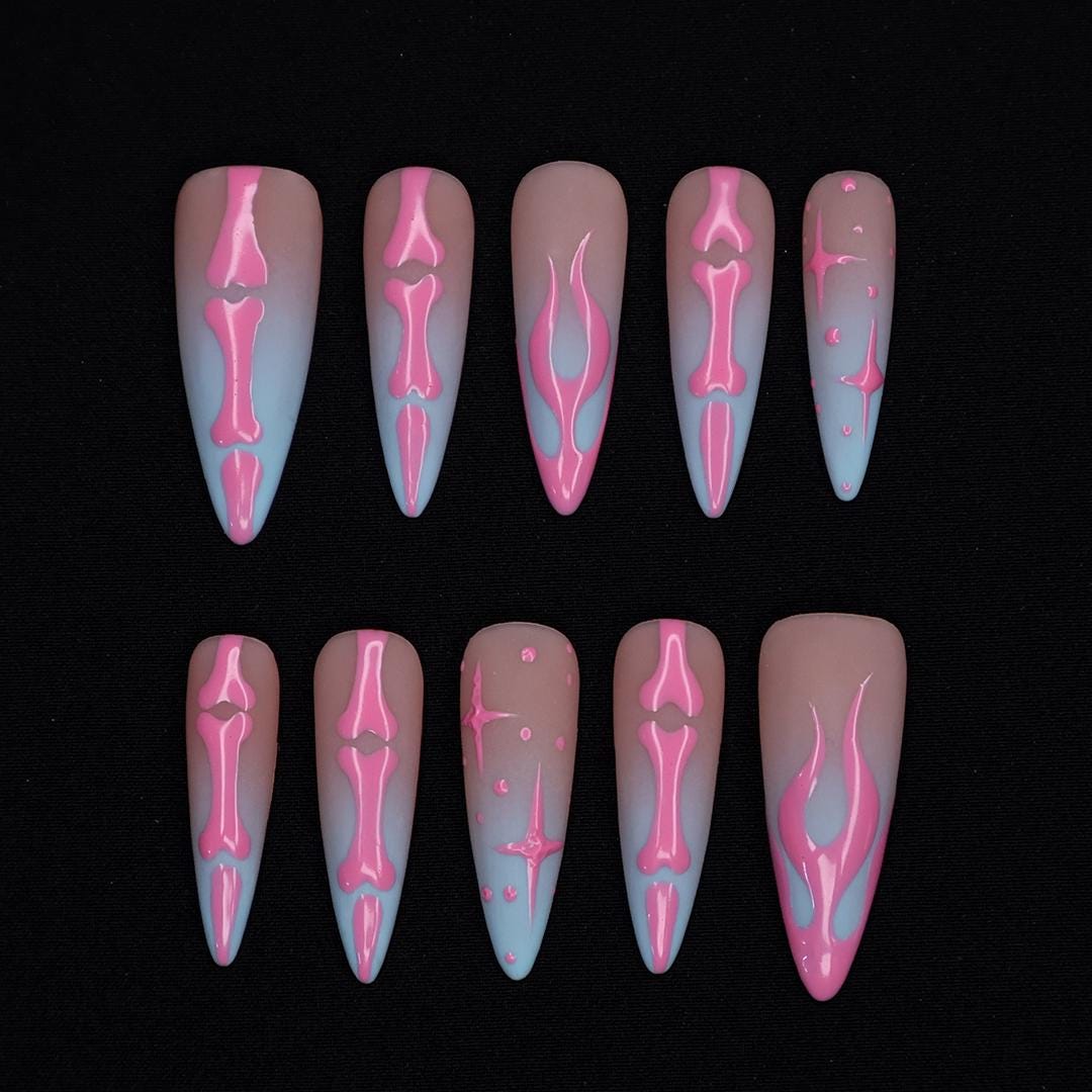Pink Skeleton Press On Nails With Bones & Stars | Long Almond Fake Nail | Gothic Spooky Handmade Nail Art for Halloween Costumes And Parties