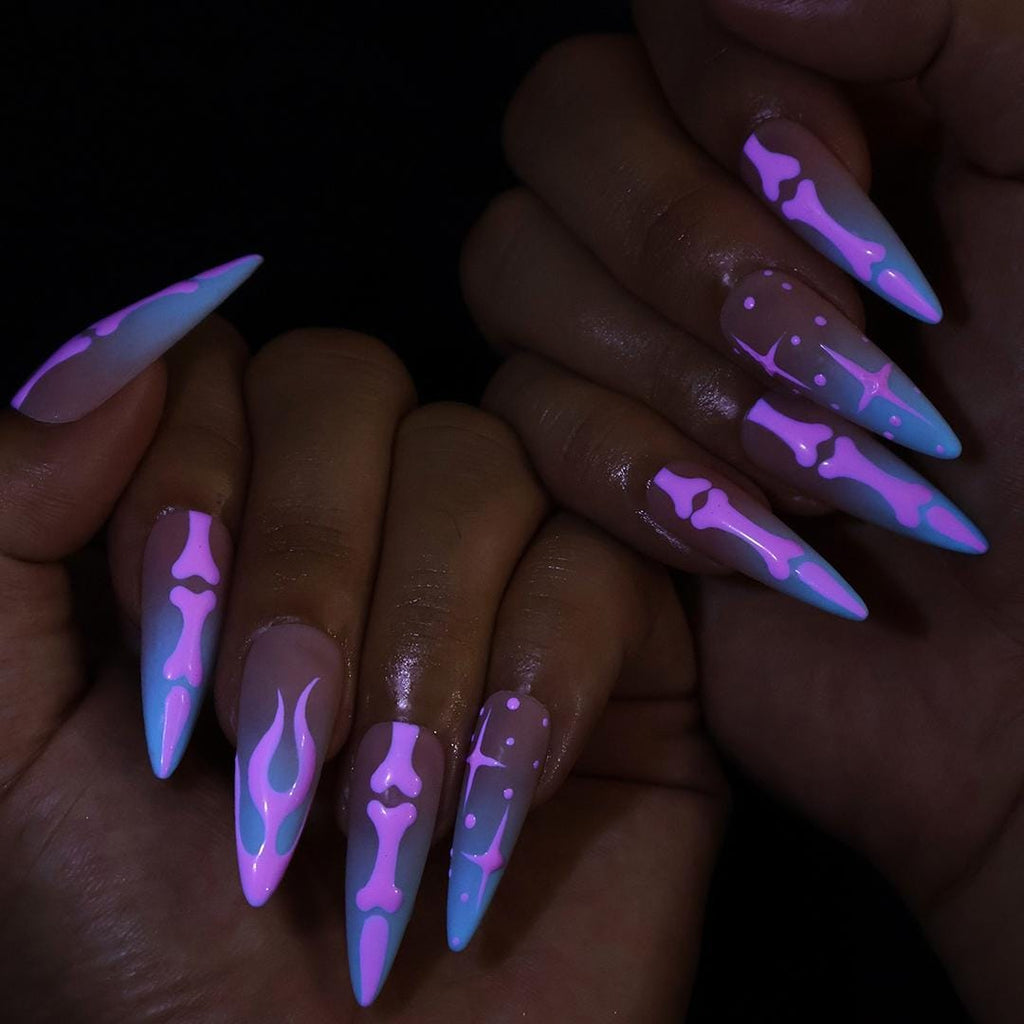 Pink Skeleton Press On Nails With Bones & Stars | Long Almond Fake Nail | Gothic Spooky Handmade Nail Art for Halloween Costumes And Parties