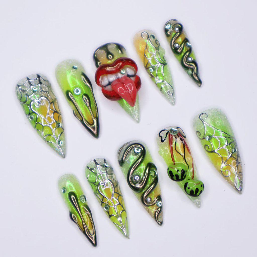 Halloween 3D Press On Nails With Lips, Snake & Green Cherries | Long Stiletto Fake Nails | Spooky Handmade Gothic Nail Art for Costumes