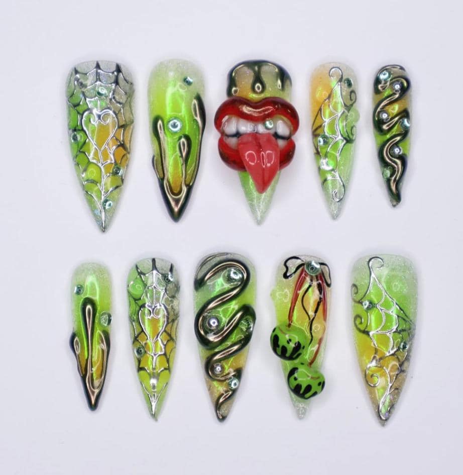 Halloween 3D Press On Nails With Lips, Snake & Green Cherries | Long Stiletto Fake Nails | Spooky Handmade Gothic Nail Art for Costumes