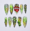 Halloween 3D Press On Nails With Lips, Snake & Green Cherries | Long Stiletto Fake Nails | Spooky Handmade Gothic Nail Art for Costumes