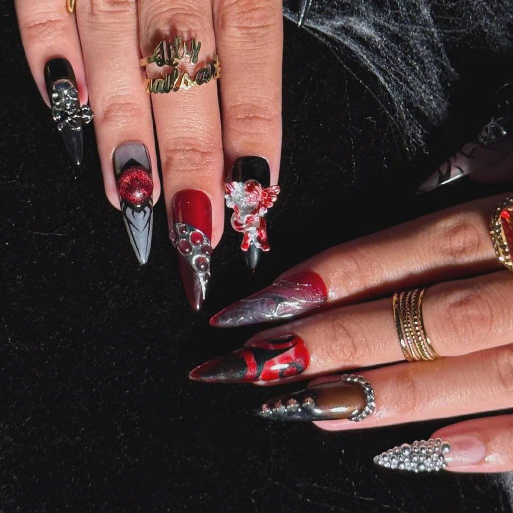 Press On Nails Skull Art with Angel Charm | 3D Fake Nails in Long Almond | Handmade Gothic Silver & Black for Holiday, Vacation, Birthday