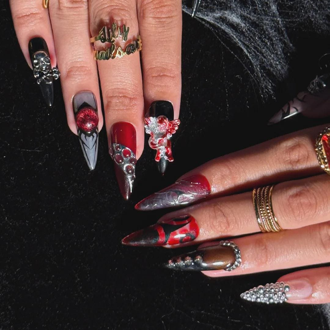 Press On Nails Skull Art with Angel Charm | 3D Fake Nails in Long Almond | Handmade Gothic Silver & Black for Holiday, Vacation, Birthday