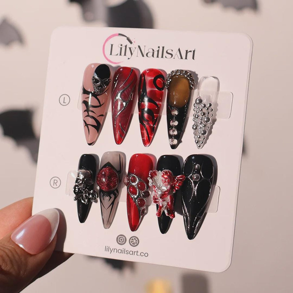 Press On Nails Skull Art with Angel Charm | 3D Fake Nails in Long Almond | Handmade Gothic Silver & Black for Holiday, Vacation, Birthday