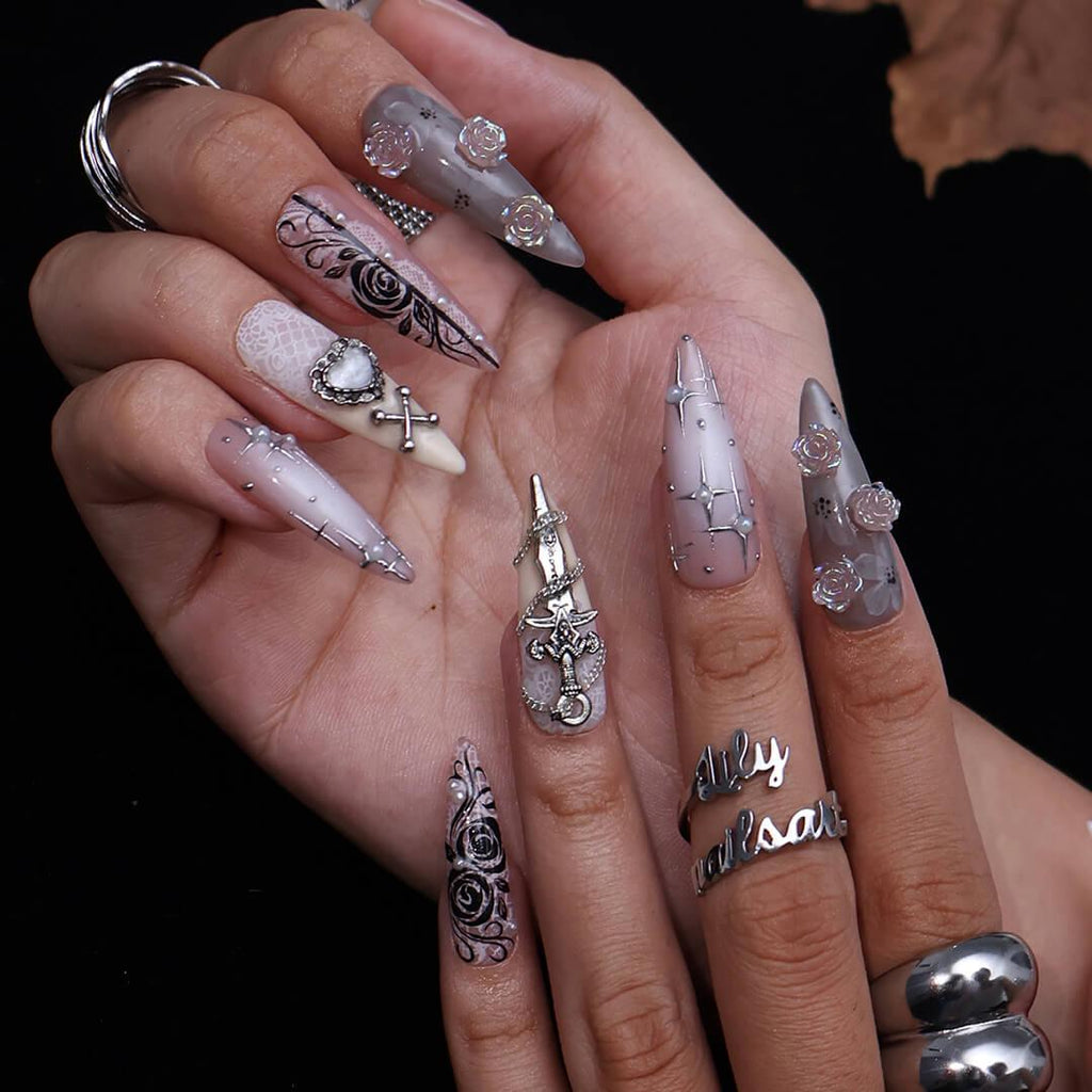 Halloween Gothic Press On Nails With Cross, Sword & Rose | Fake Nails in Long Almond | Spooky Handmade Nail Art for Parties, Costumes