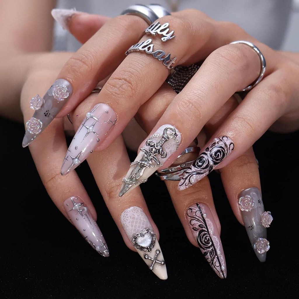 Halloween Gothic Press On Nails With Cross, Sword & Rose | Fake Nails in Long Almond | Spooky Handmade Nail Art for Parties, Costumes