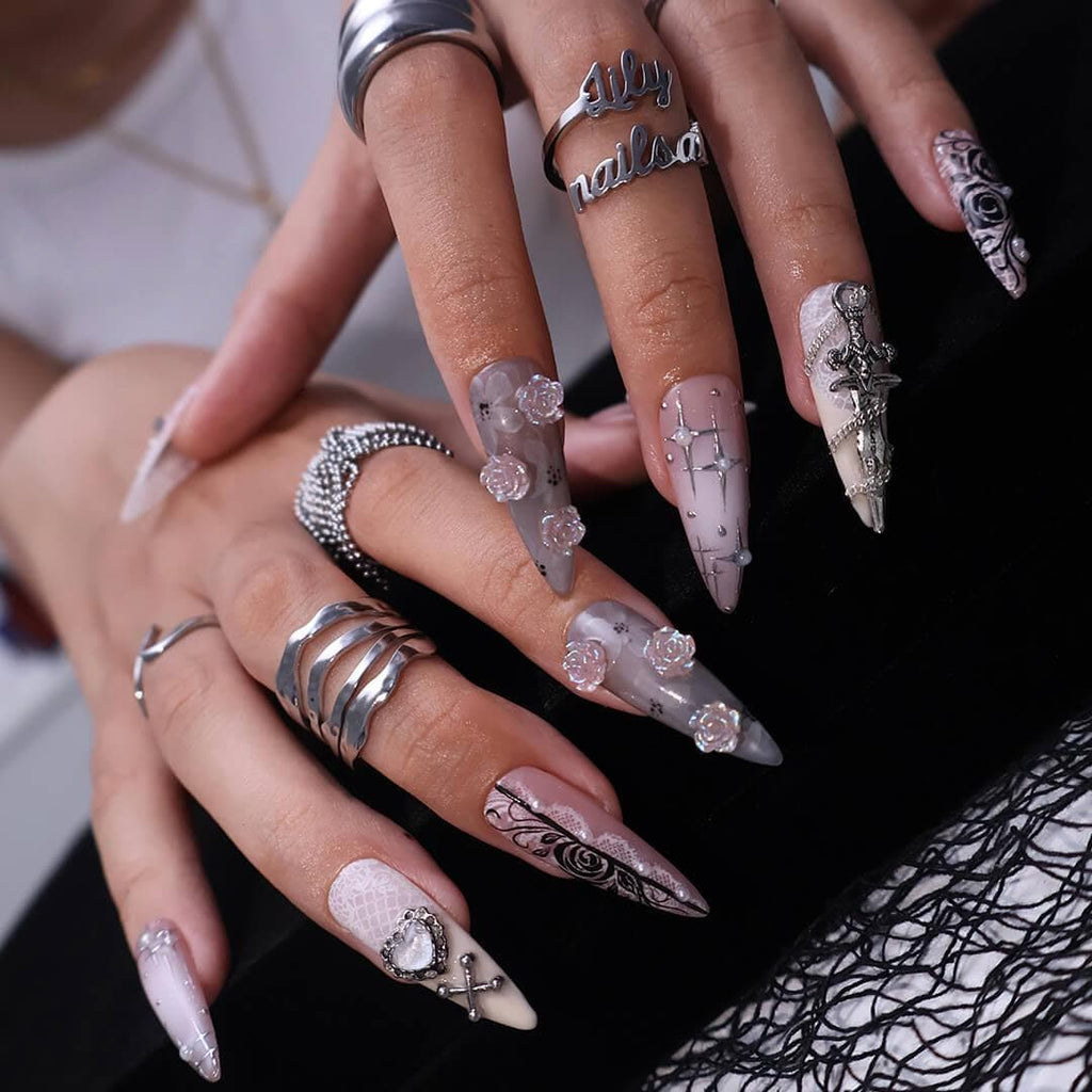 Halloween Gothic Press On Nails With Cross, Sword & Rose | Fake Nails in Long Almond | Spooky Handmade Nail Art for Parties, Costumes
