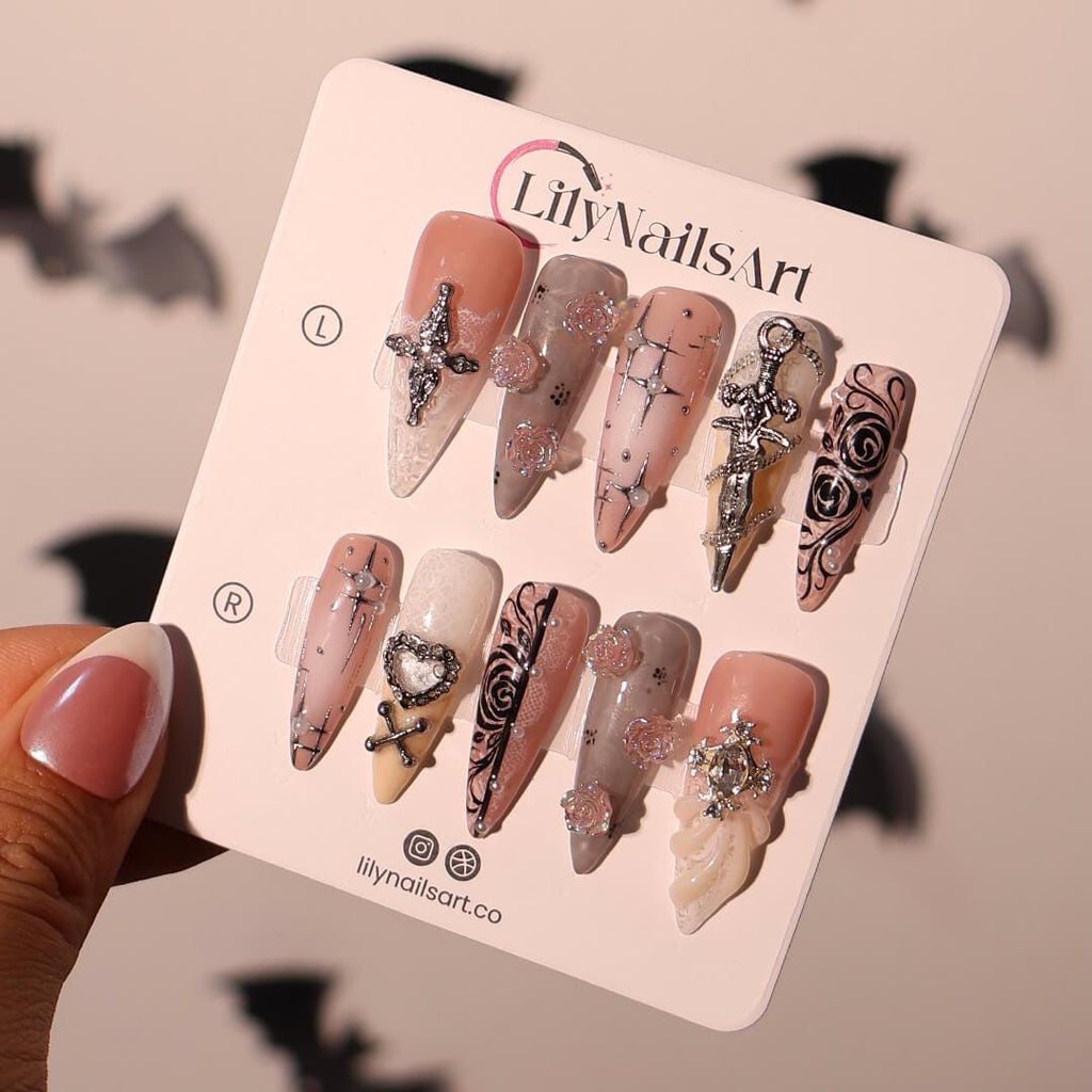 Halloween Gothic Press On Nails With Cross, Sword & Rose | Fake Nails in Long Almond | Spooky Handmade Nail Art for Parties, Costumes