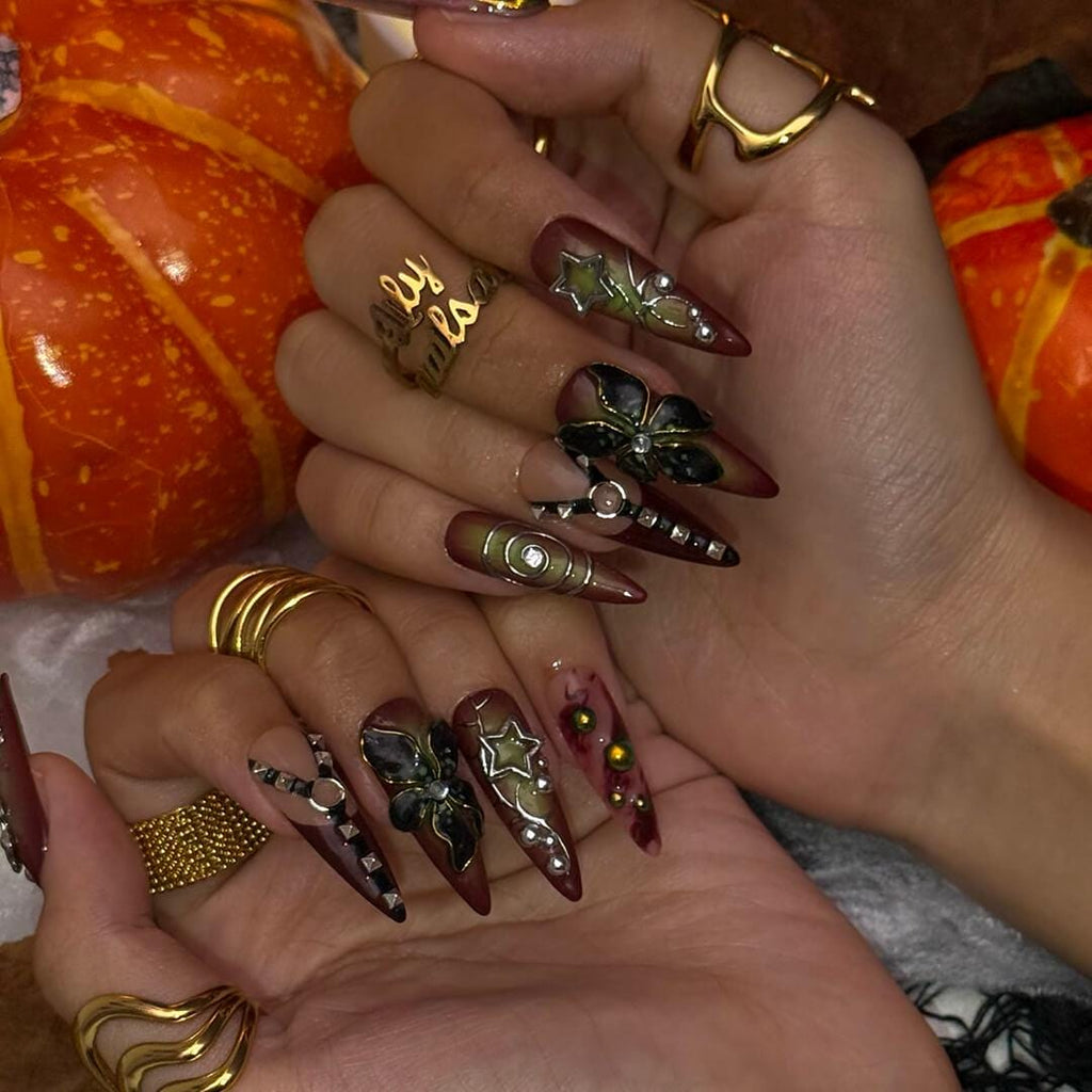 Halloween Gothic Press On Nails With Cross, Stars, Flowers | Studs Fake Nails in Long Almond | Spooky Handmade Nail Art for Party, Costumes