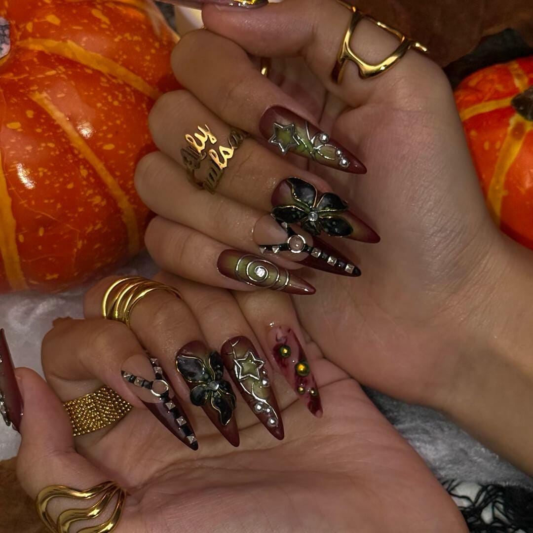 Halloween Gothic Press On Nails With Cross, Stars, Flowers | Studs Fake Nails in Long Almond | Spooky Handmade Nail Art for Party, Costumes