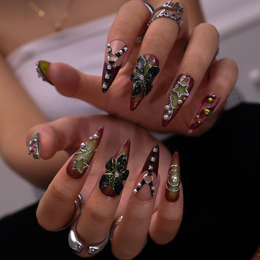 Halloween Gothic Press On Nails With Cross, Stars, Flowers | Studs Fake Nails in Long Almond | Spooky Handmade Nail Art for Party, Costumes