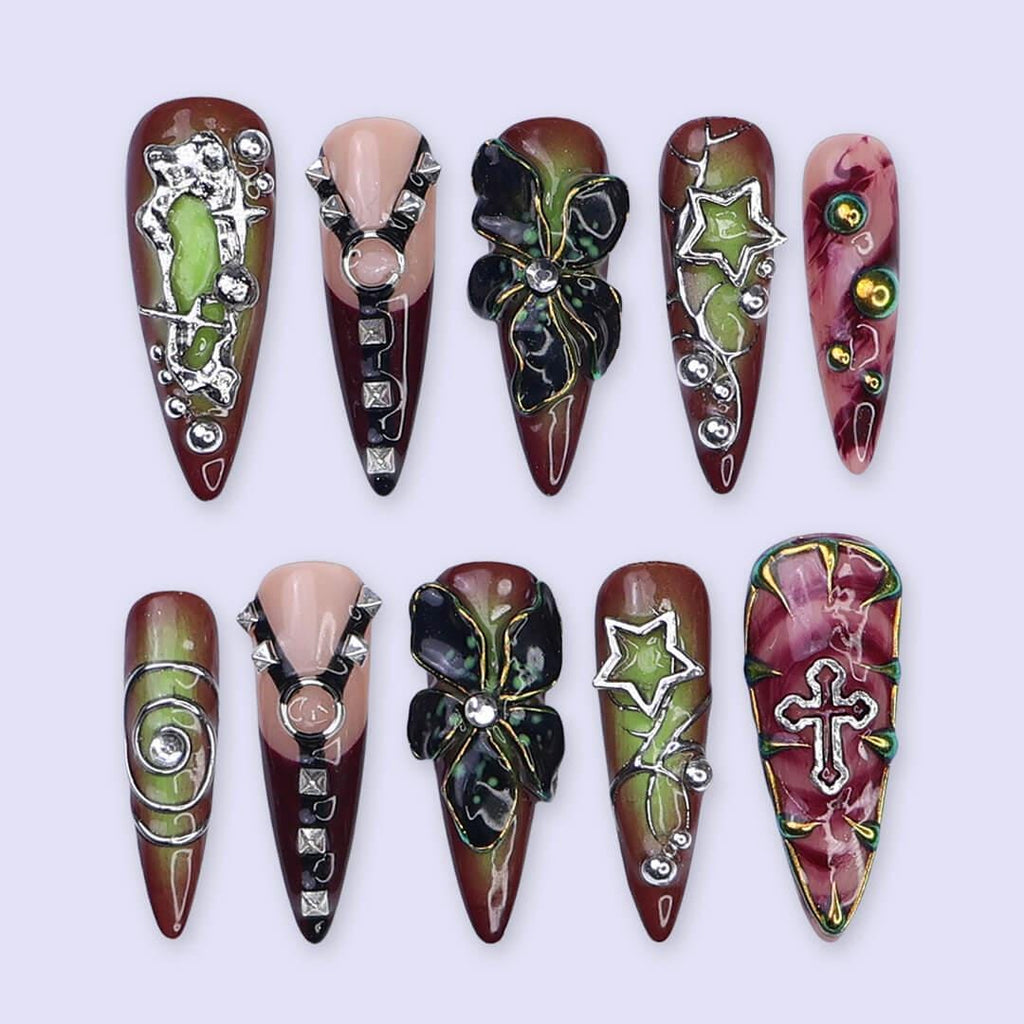 Halloween Gothic Press On Nails With Cross, Stars, Flowers | Studs Fake Nails in Long Almond | Spooky Handmade Nail Art for Party, Costumes