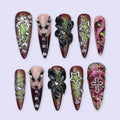 Halloween Gothic Press On Nails With Cross, Stars, Flowers | Studs Fake Nails in Long Almond | Spooky Handmade Nail Art for Party, Costumes