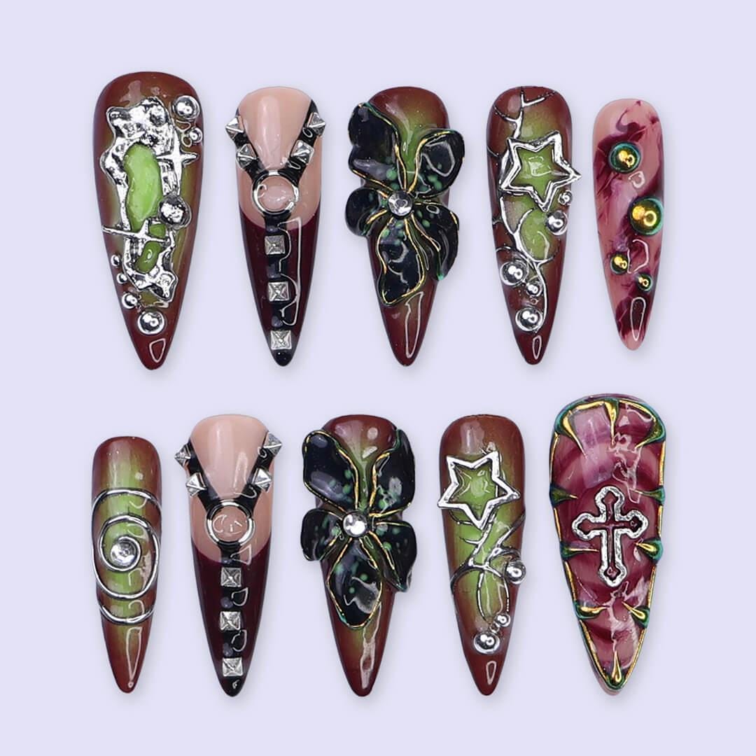 Halloween Gothic Press On Nails With Cross, Stars, Flowers | Studs Fake Nails in Long Almond | Spooky Handmade Nail Art for Party, Costumes