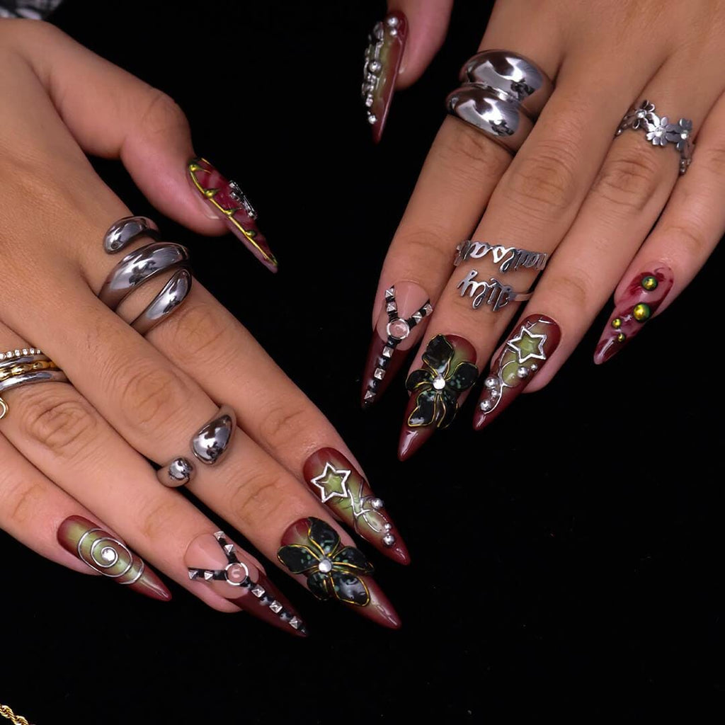 Halloween Gothic Press On Nails With Cross, Stars, Flowers | Studs Fake Nails in Long Almond | Spooky Handmade Nail Art for Party, Costumes