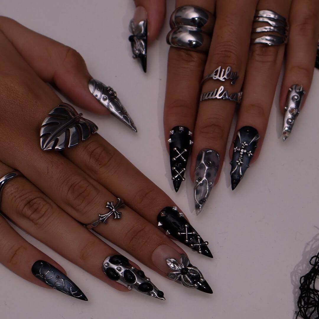 Halloween Press On Nails With Stud & Metal Flower | Fake Nails in Long Stiletto | Black And Silver Handmade Nail Art for Parties, Costumes