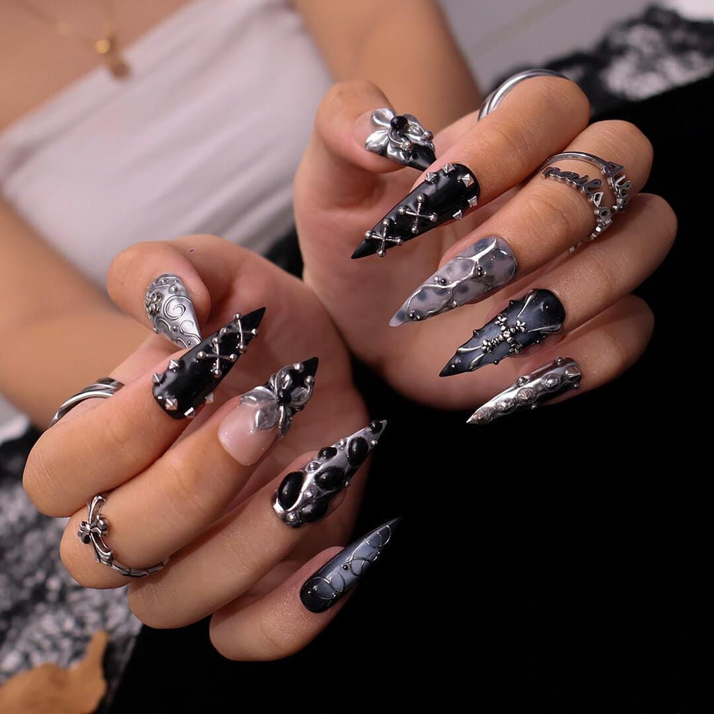 Halloween Press On Nails With Stud & Metal Flower | Fake Nails in Long Stiletto | Black And Silver Handmade Nail Art for Parties, Costumes