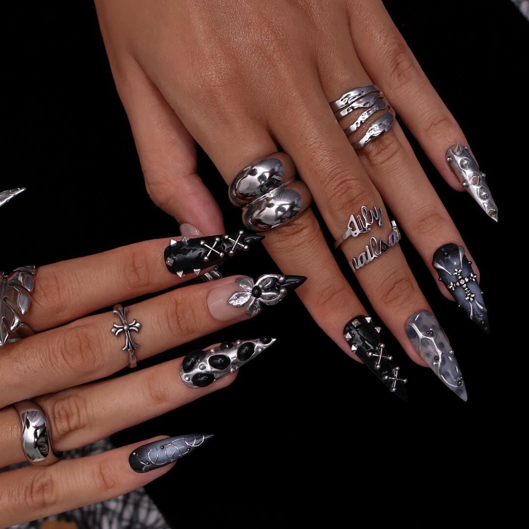 Halloween Press On Nails With Stud & Metal Flower | Fake Nails in Long Stiletto | Black And Silver Handmade Nail Art for Parties, Costumes