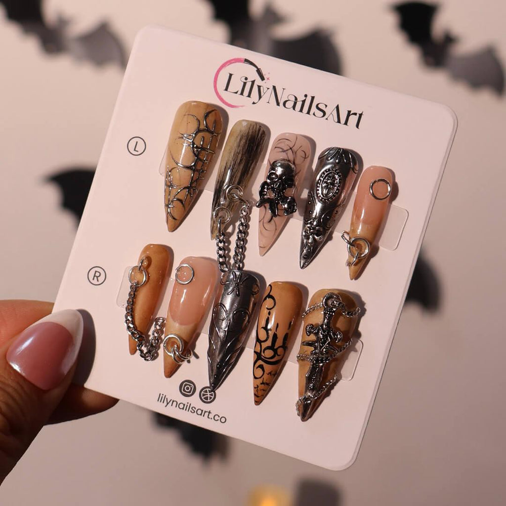 Halloween Gothic Press On Nails With Chains, Skull & Sword | Long Stiletto Fake Nails | Spooky Handmade 3D Nail Art for Parties, Costumes
