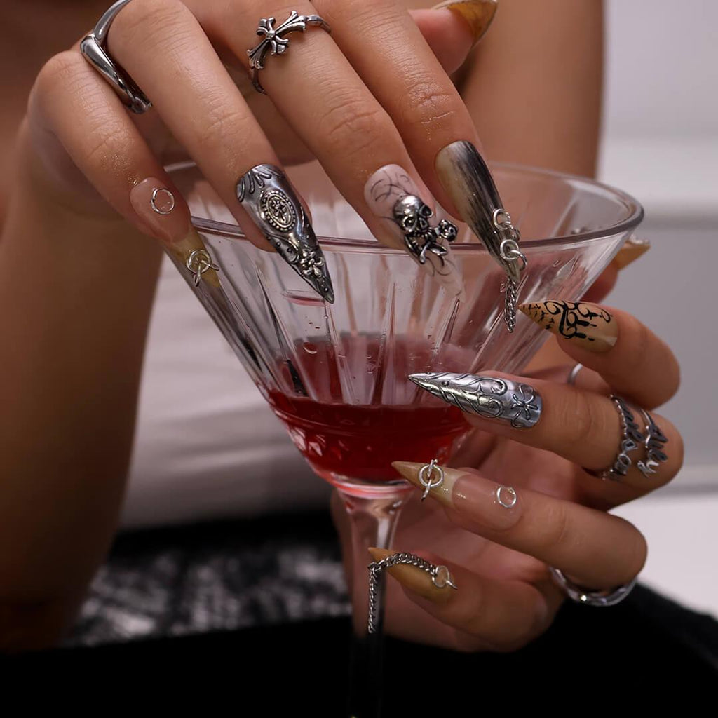 Halloween Gothic Press On Nails With Chains, Skull & Sword | Long Stiletto Fake Nails | Spooky Handmade 3D Nail Art for Parties, Costumes