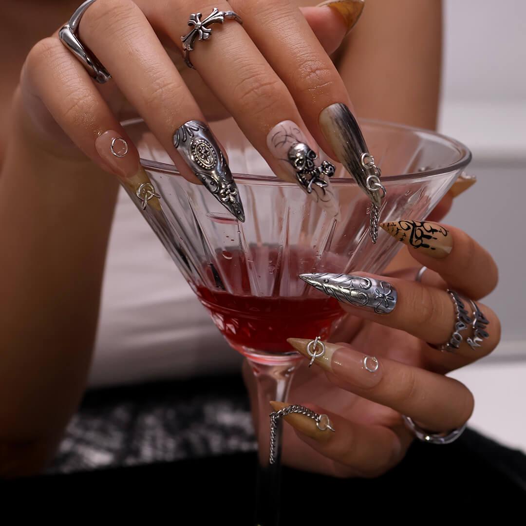 Halloween Gothic Press On Nails With Chains, Skull & Sword | Long Stiletto Fake Nails | Spooky Handmade 3D Nail Art for Parties, Costumes