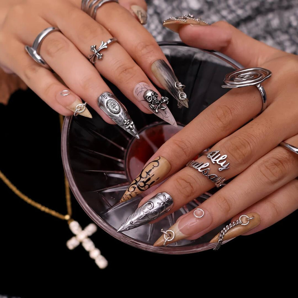 Halloween Gothic Press On Nails With Chains, Skull & Sword | Long Stiletto Fake Nails | Spooky Handmade 3D Nail Art for Parties, Costumes