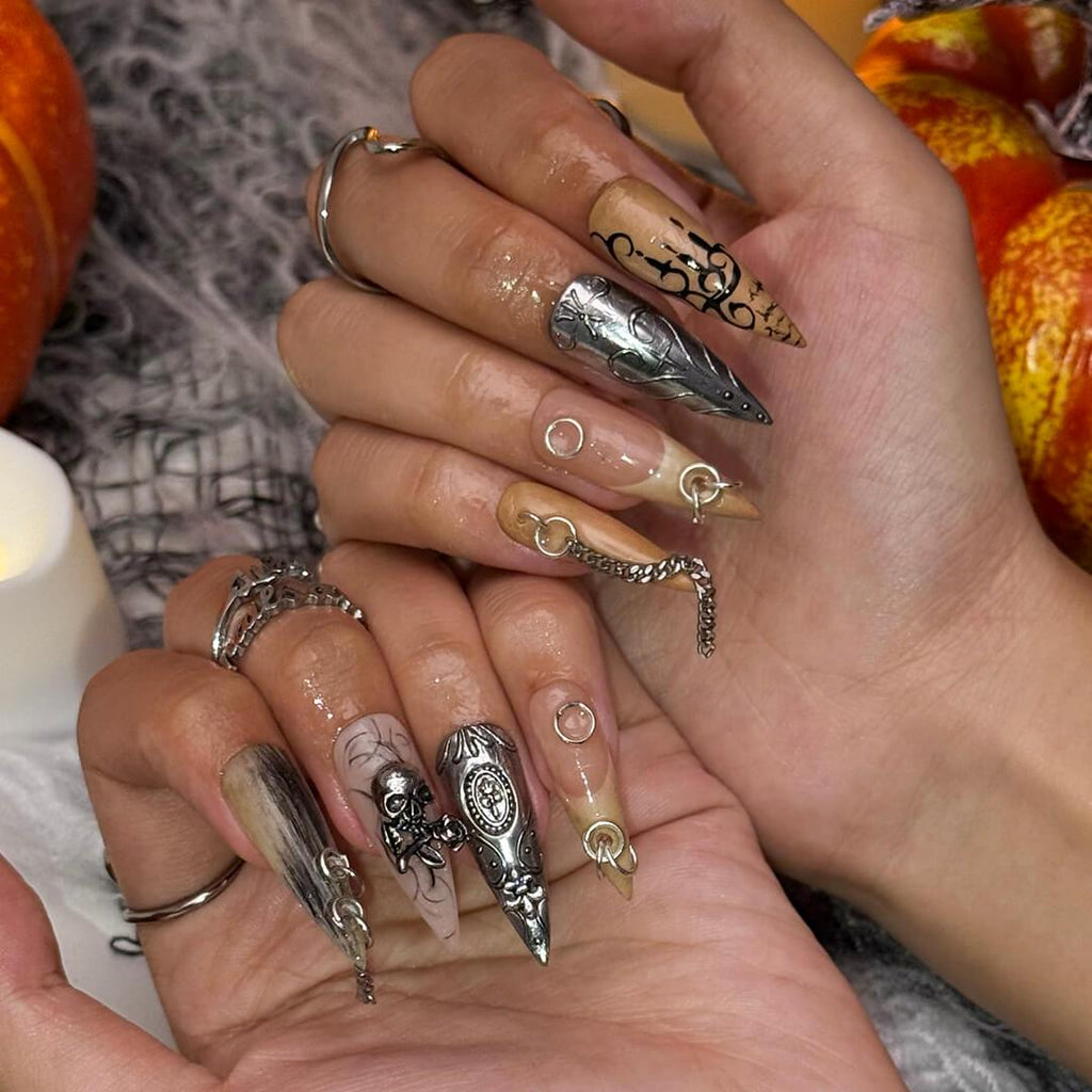Halloween Gothic Press On Nails With Chains, Skull & Sword | Long Stiletto Fake Nails | Spooky Handmade 3D Nail Art for Parties, Costumes