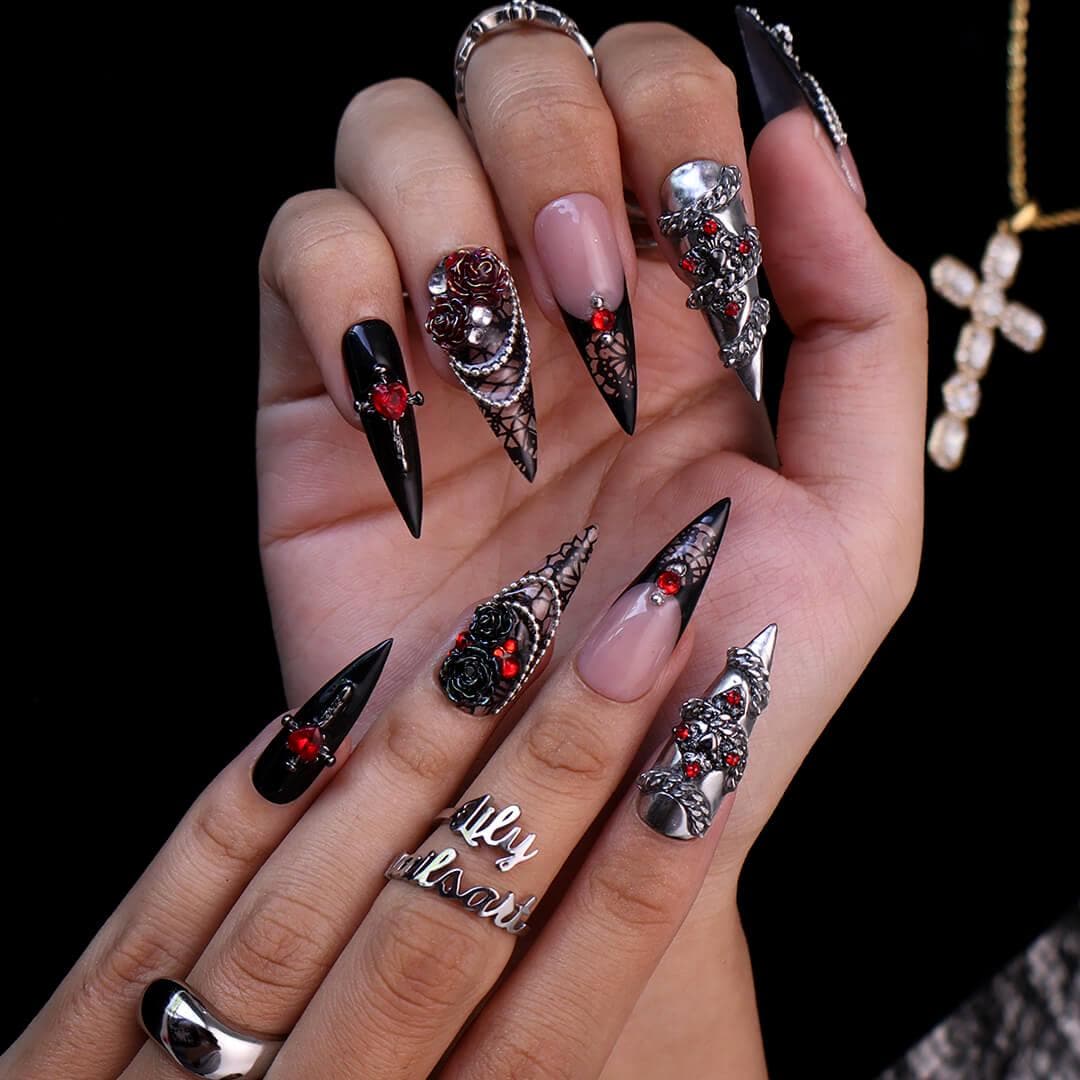 Halloween Gothic Press On Nails With Stained Glass & Red Rose | Long Stiletto Fake Nail | Spooky Handmade 3D Nail Art for Parties, Costumes