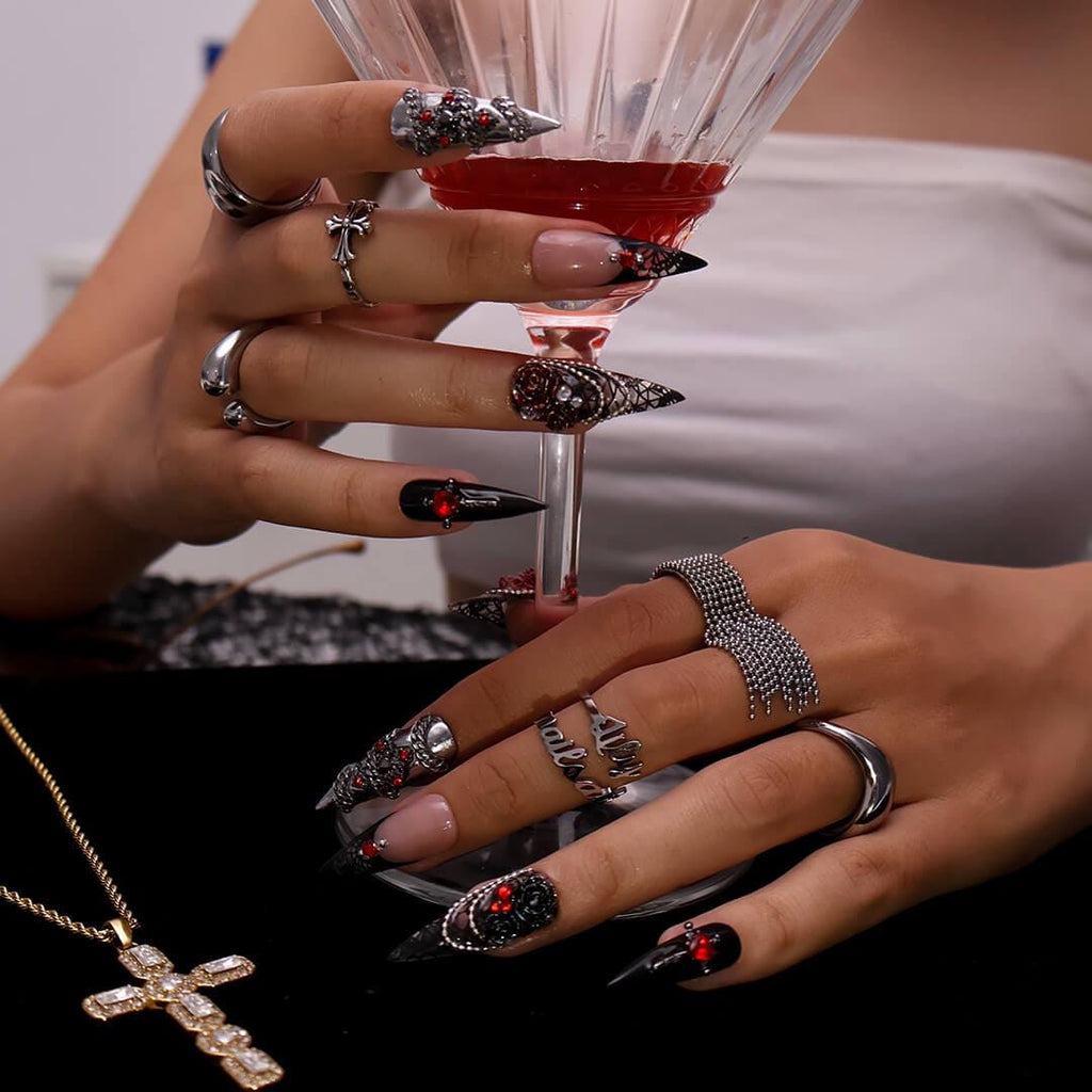 Halloween Gothic Press On Nails With Stained Glass & Red Rose | Long Stiletto Fake Nail | Spooky Handmade 3D Nail Art for Parties, Costumes