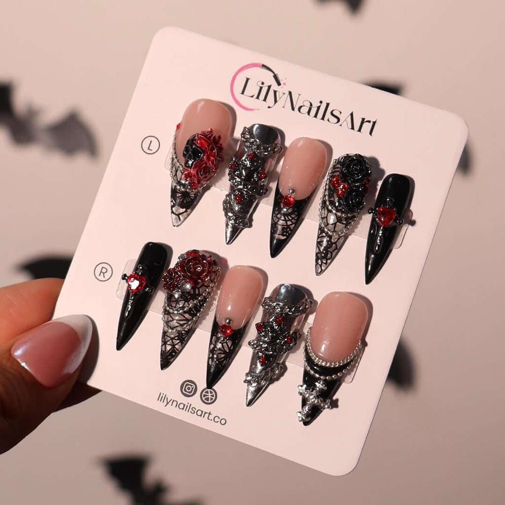 Halloween Gothic Press On Nails With Stained Glass & Red Rose | Long Stiletto Fake Nail | Spooky Handmade 3D Nail Art for Parties, Costumes