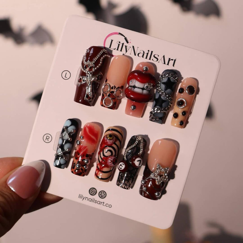 Halloween Gothic Press On Nails With Lips, Chains & Cross | Long Square Fake Nails with Eyeball | Handmade Nail Art for Parties, Costumes