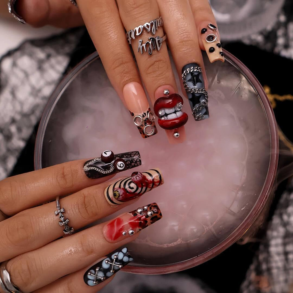 Halloween Gothic Press On Nails With Lips, Chains & Cross | Long Square Fake Nails with Eyeball | Handmade Nail Art for Parties, Costumes