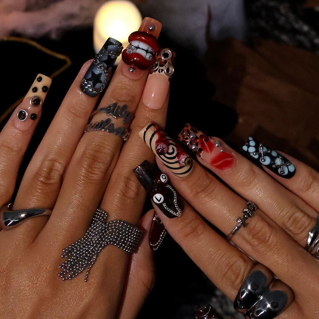 Halloween Gothic Press On Nails With Lips, Chains & Cross | Long Square Fake Nails with Eyeball | Handmade Nail Art for Parties, Costumes