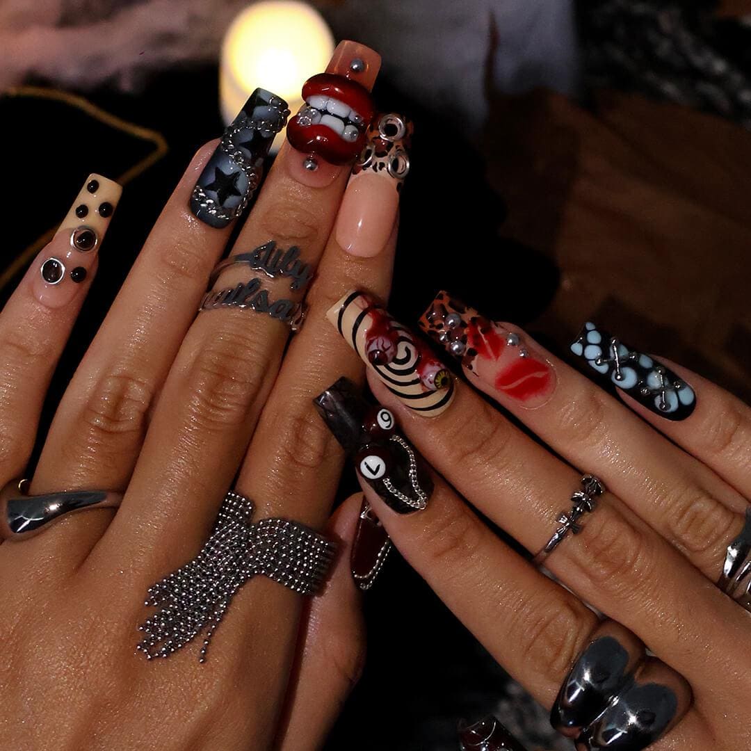 Halloween Gothic Press On Nails With Lips, Chains & Cross | Long Square Fake Nails with Eyeball | Handmade Nail Art for Parties, Costumes